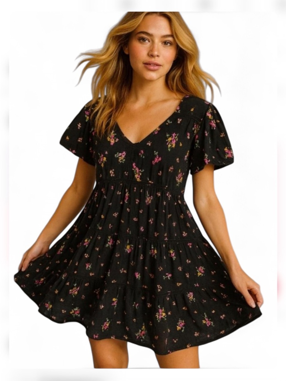 Wild Fable sz Small Black Floral Mini Dress tiers boho cottagecore flowy